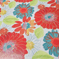 Colorful floral oilcloth tablecloth with red, turquoise, and yellow flowers and green leaves