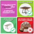 Guide for fitted vinyl tablecloths: fits square and small rounded corners, not suitable for big round, oval, or scalloped corners.
